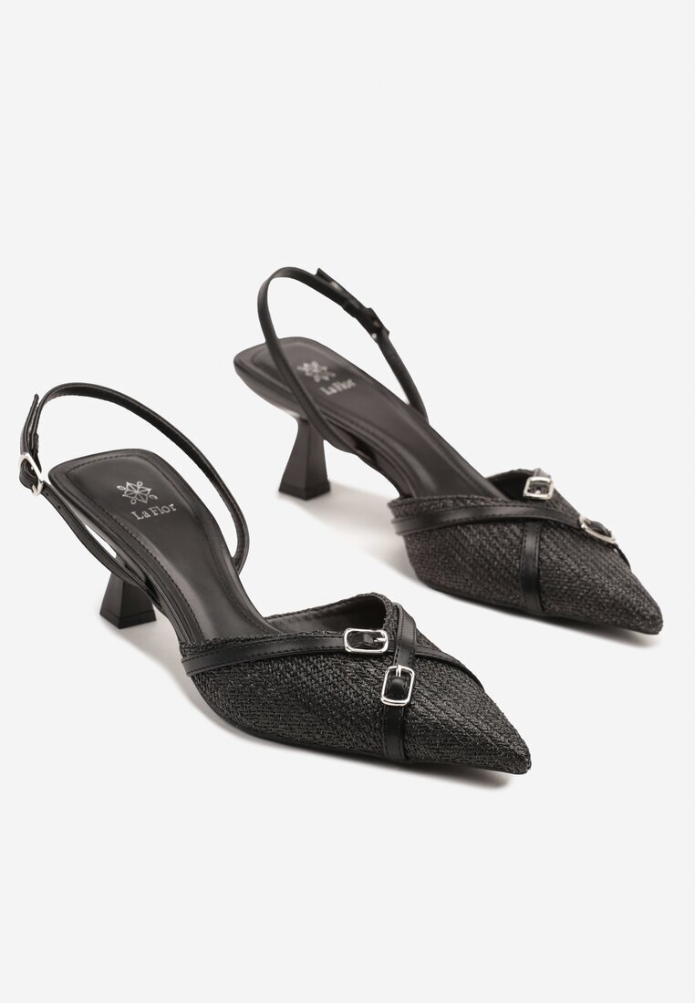 la flor Sandale Negre Slingback cu toc tip kitten decorate cu catarame Adivilo