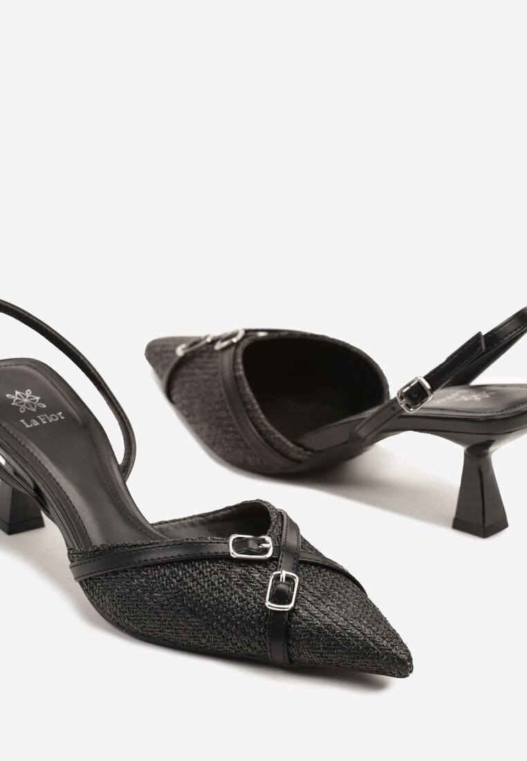 la flor Sandale Negre Slingback cu toc tip kitten decorate cu catarame Adivilo