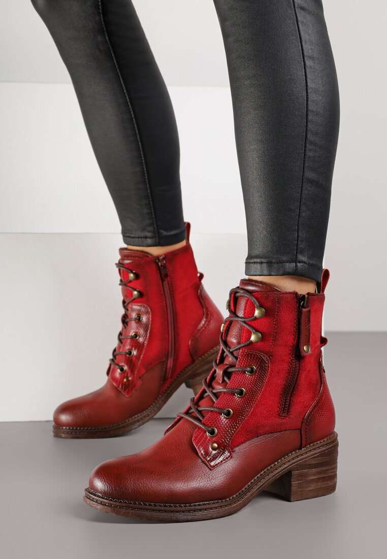 lady glory Botine Bordo-Roșii cu toc gros decorate cu fermoar Salittea