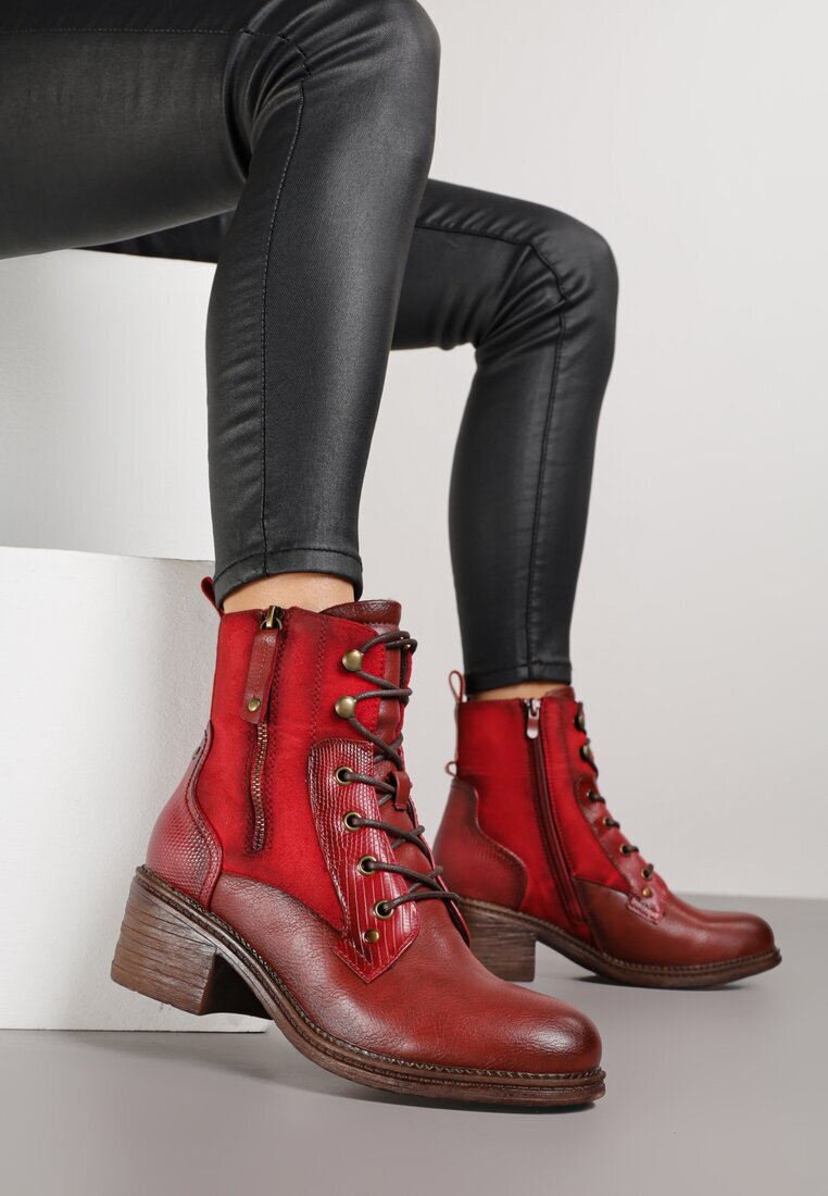 lady glory Botine Bordo-Roșii cu toc gros decorate cu fermoar Salittea