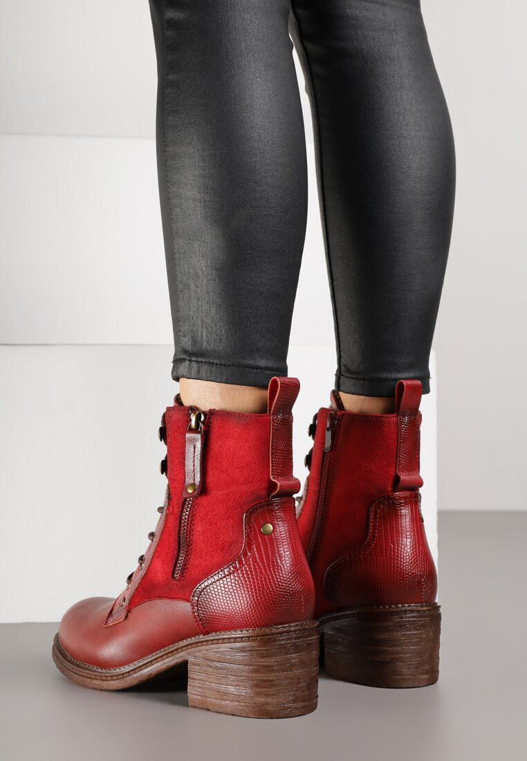 lady glory Botine Bordo-Roșii cu toc gros decorate cu fermoar Salittea