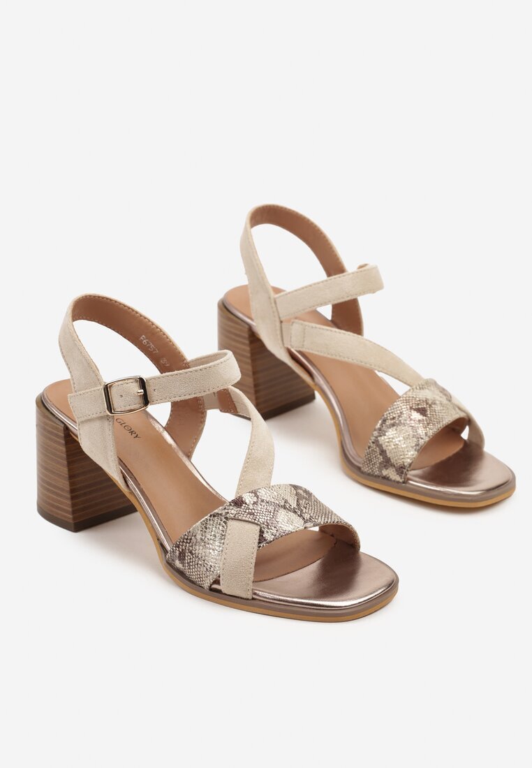 lady glory Sandale bej cu toc cu barete geometrice Mevica