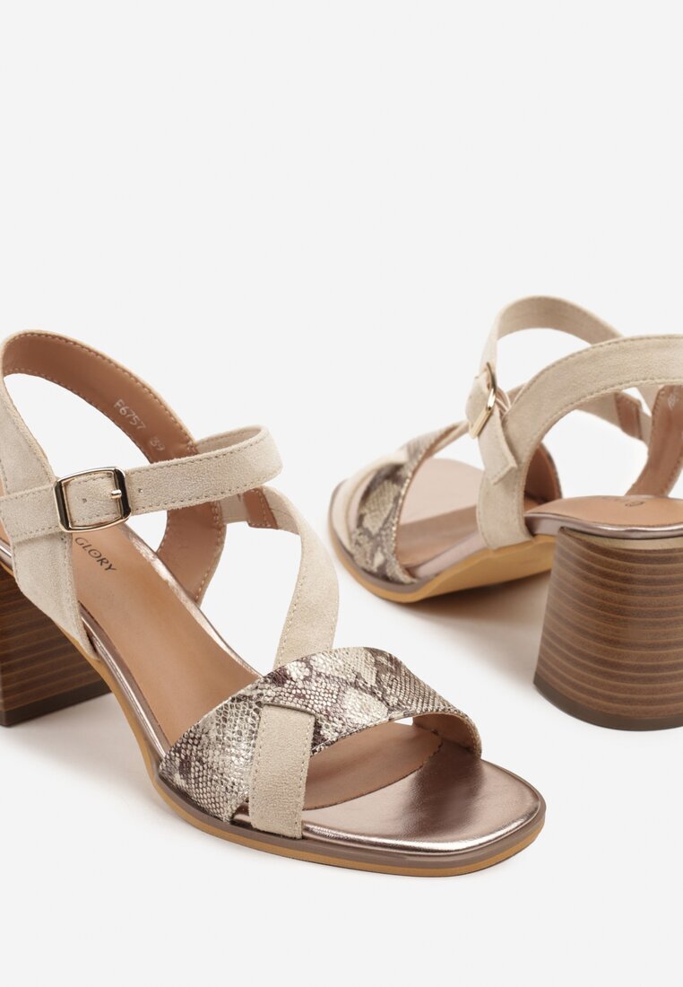 lady glory Sandale bej cu toc cu barete geometrice Mevica