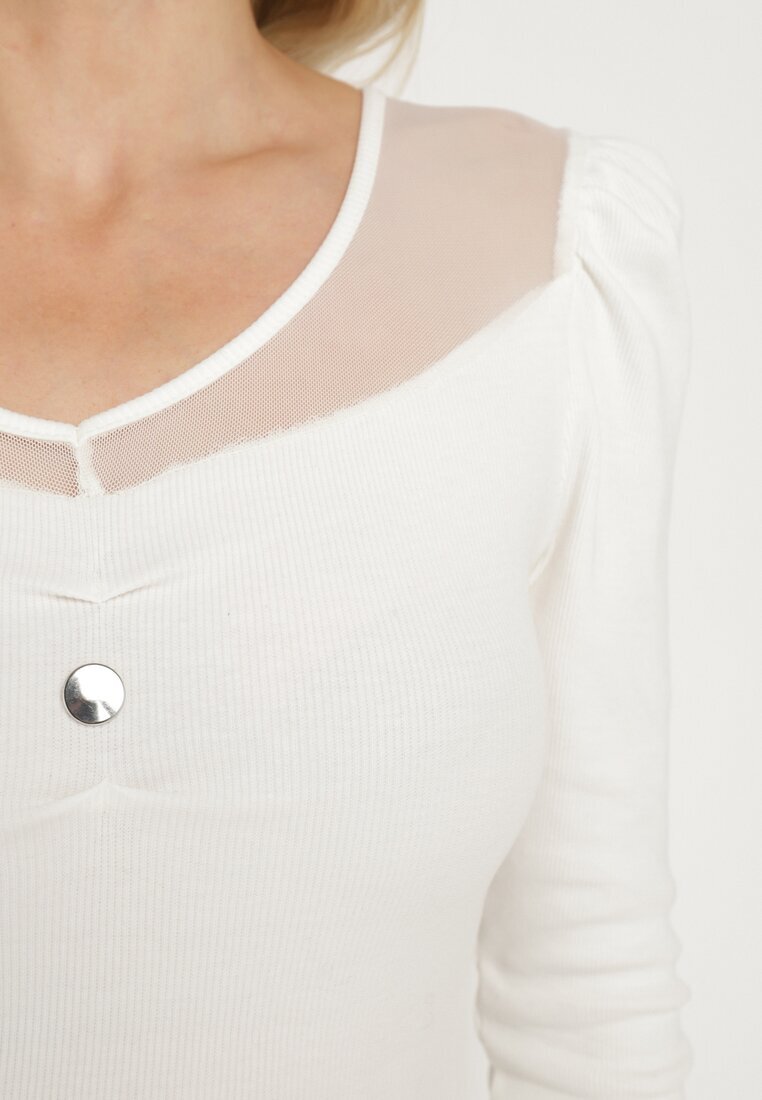 las garras Bluză Albă de Bumbac din Material Reiat cu Aplicație Metalică Esaloren