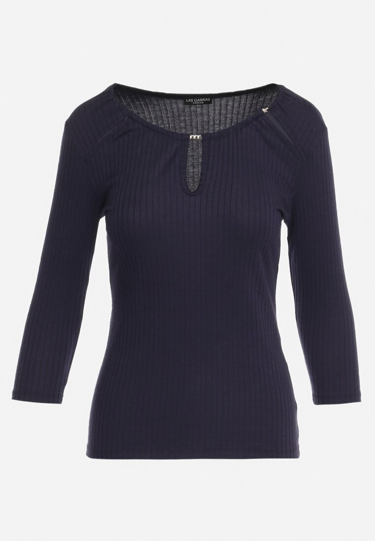 las garras Bluză bleumarin din bumbac din tricot reiat cu mâneci 3/4 și decupaj la decolteu Xireal