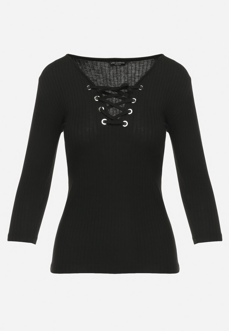 las garras Bluză Neagră de Bumbac în dungi cu șiret tip corset la decolteu Jarelis