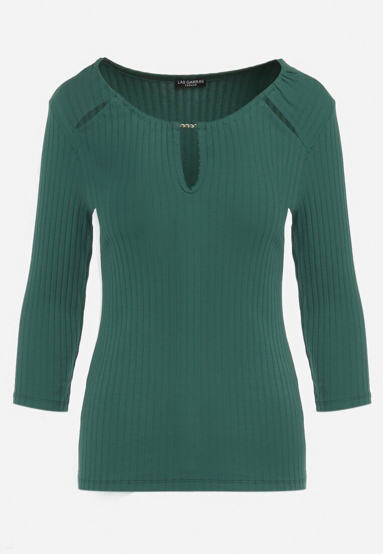 las garras Bluză Verde din bumbac din tricot reiat cu mâneci 3/4 și decupaj la decolteu Xireal
