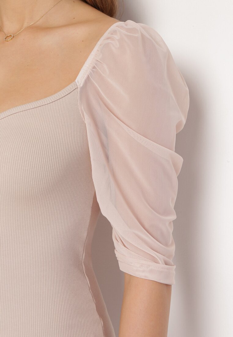 las garras Rochie Bej Bumbac Mulată Mini cu Mâneci Transparente 3/4 Ferdiana