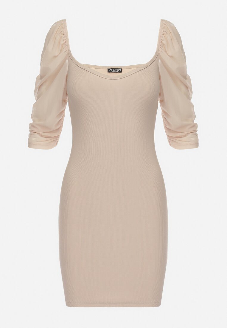 las garras Rochie Bej Bumbac Mulată Mini cu Mâneci Transparente 3/4 Ferdiana