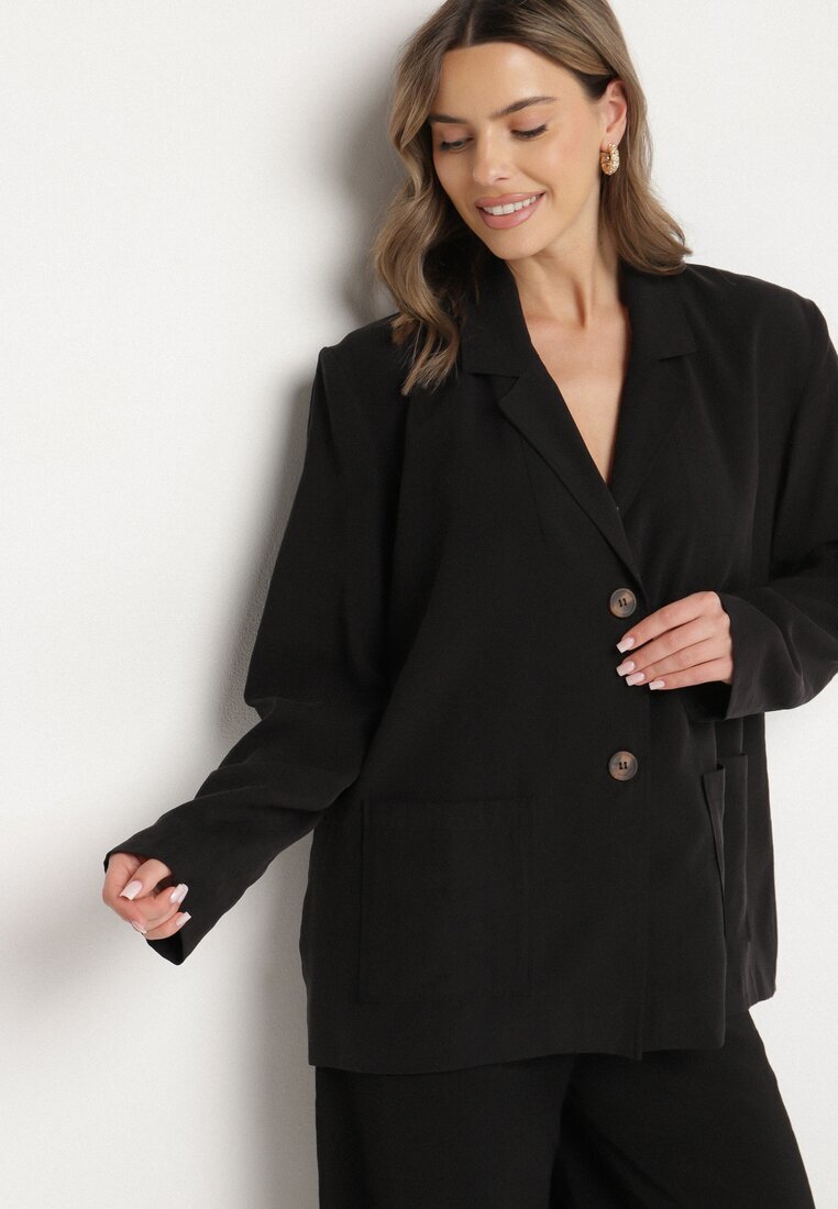lefon Sacou Negru Oversize Tip Boxy cu Buzunare din Modal Mavelisse