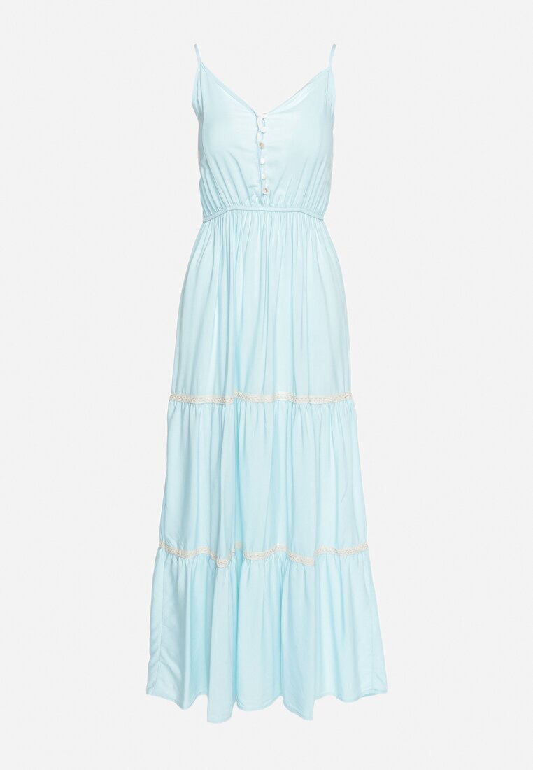 lf women Rochie albastru deschis cu bretele cu elastic în talie încheiată cu nasturi cu volan și broderie Tiamavita