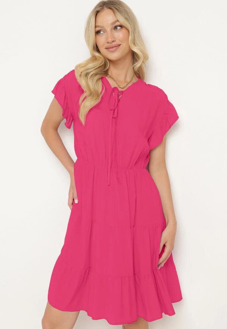 lf women Rochie Fucsia cu elastic în talie decorată cu volan și legată cu cordon textil Tiamalou