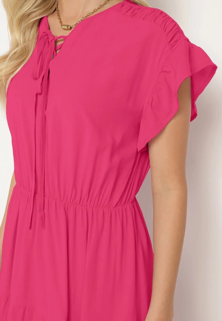lf women Rochie Fucsia cu elastic în talie decorată cu volan și legată cu cordon textil Tiamalou