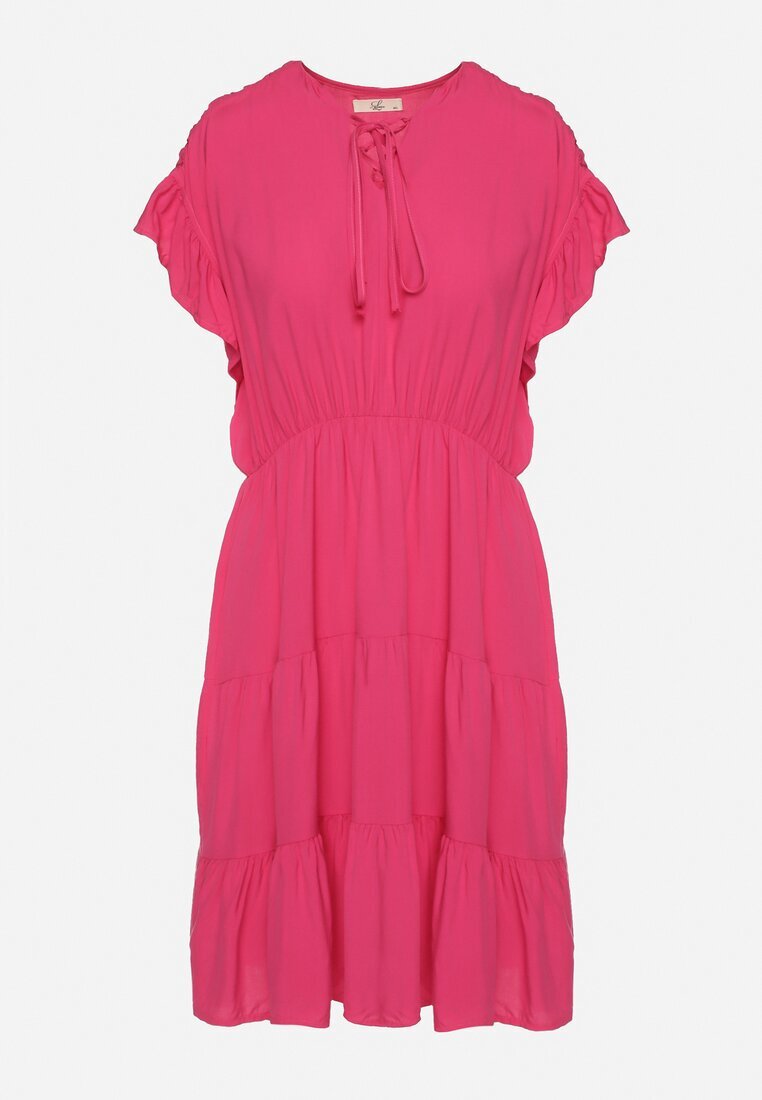 lf women Rochie Fucsia cu elastic în talie decorată cu volan și legată cu cordon textil Tiamalou