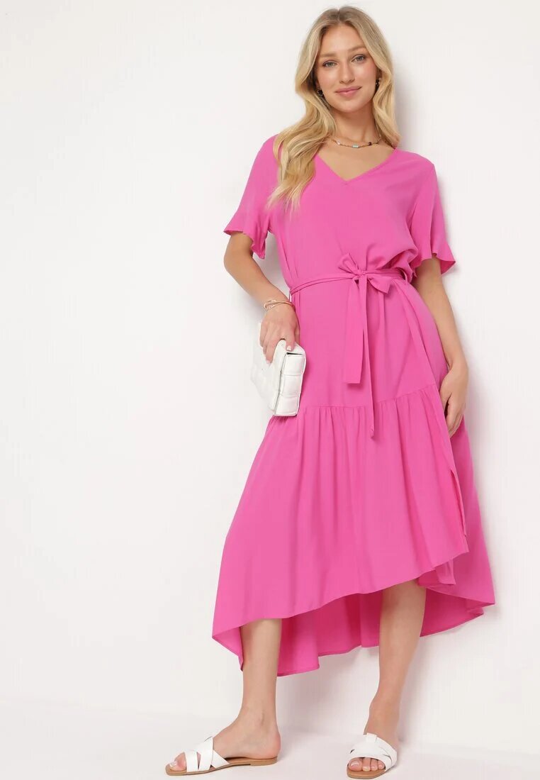 lf women Rochie Fucsia dreaptă cu centură din material și volan Dimovas