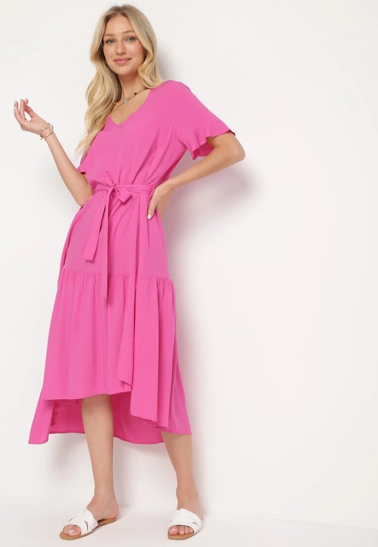 lf women Rochie Fucsia dreaptă cu centură din material și volan Dimovas