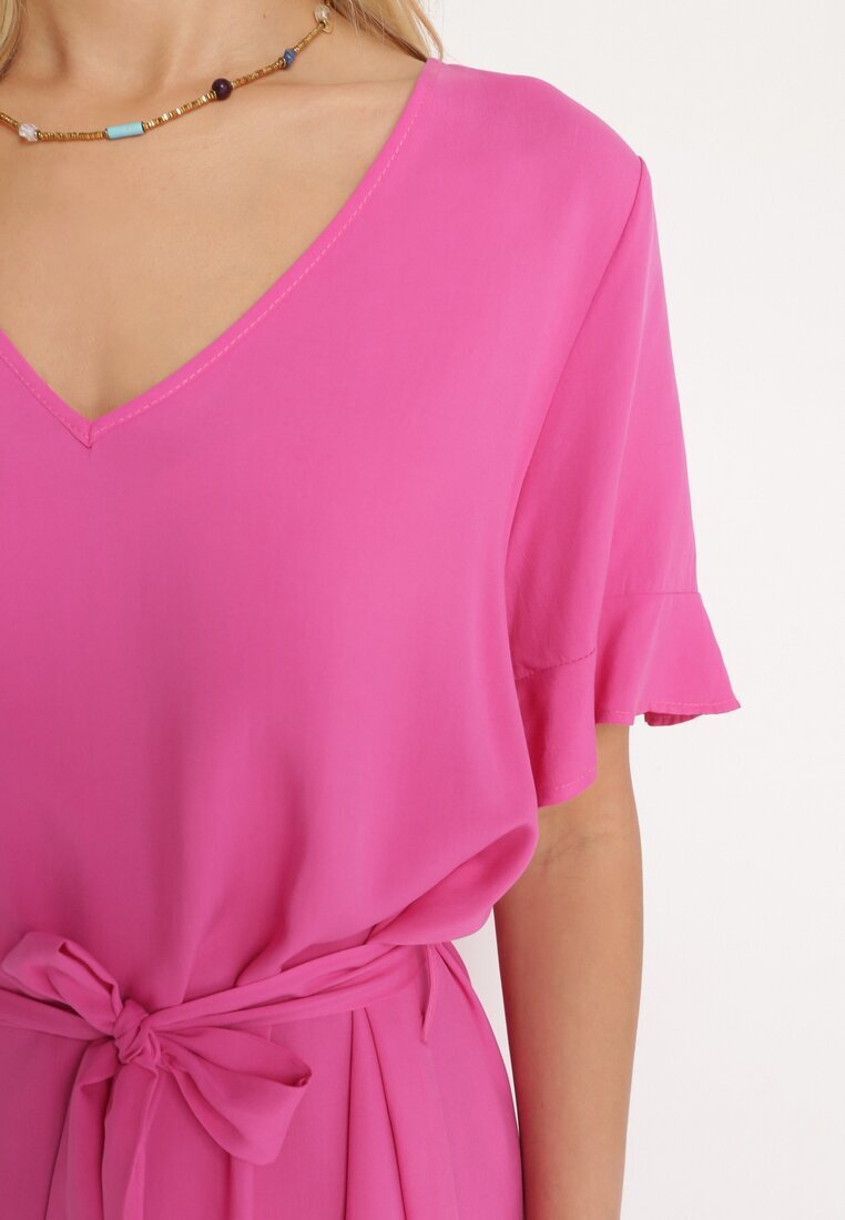lf women Rochie Fucsia dreaptă cu centură din material și volan Dimovas