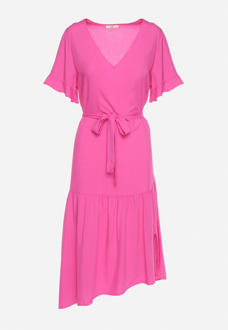 lf women Rochie Fucsia dreaptă cu centură din material și volan Dimovas
