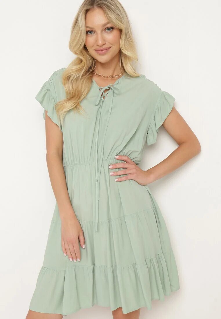 lf women Rochie Mentă cu Elastic în Talie Decorată cu Volan și Legată cu Centură din Material Tiamalou