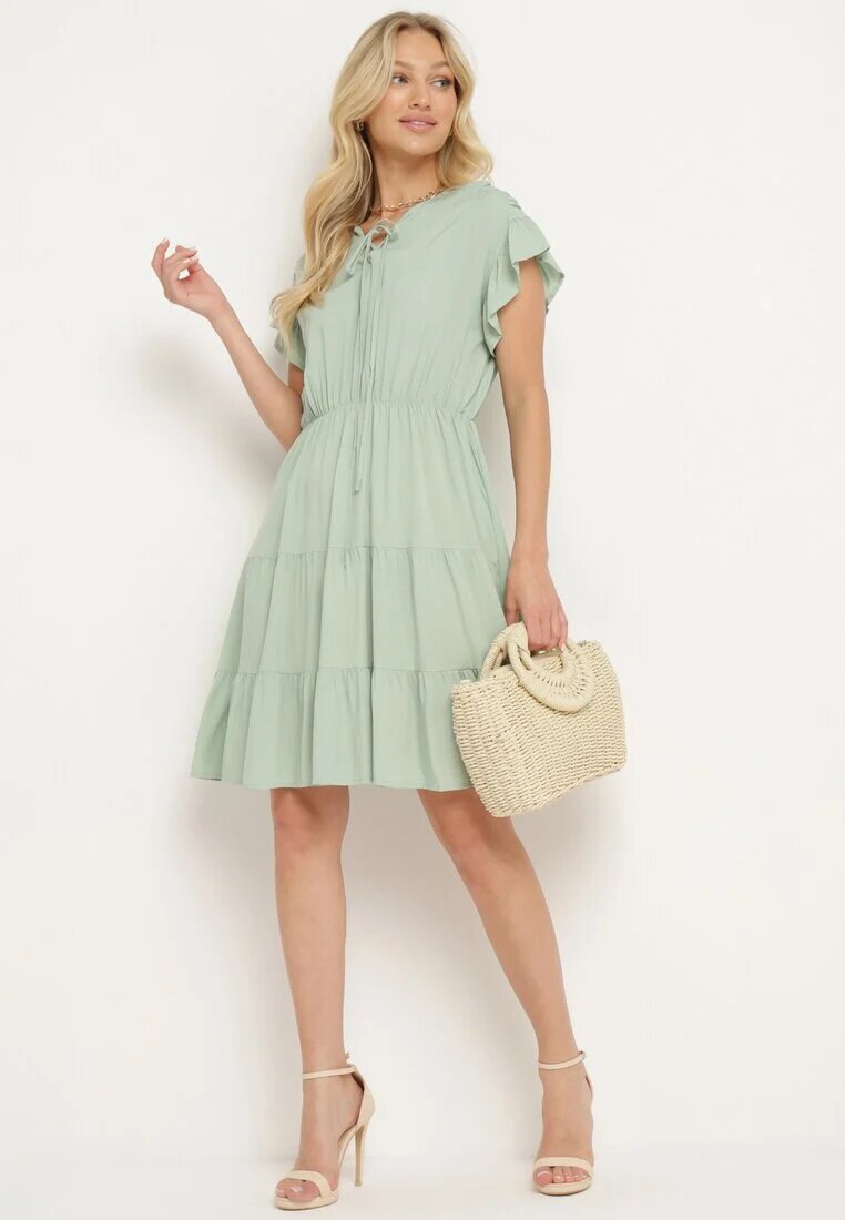 lf women Rochie Mentă cu Elastic în Talie Decorată cu Volan și Legată cu Centură din Material Tiamalou