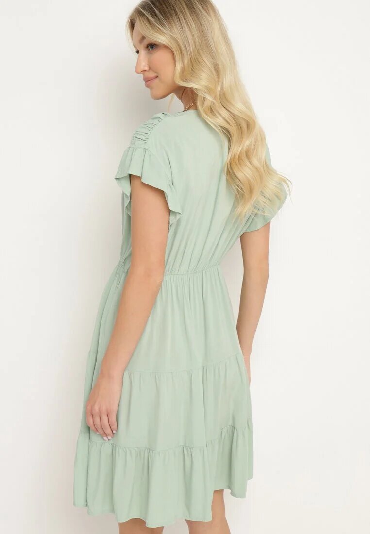 lf women Rochie Mentă cu Elastic în Talie Decorată cu Volan și Legată cu Centură din Material Tiamalou