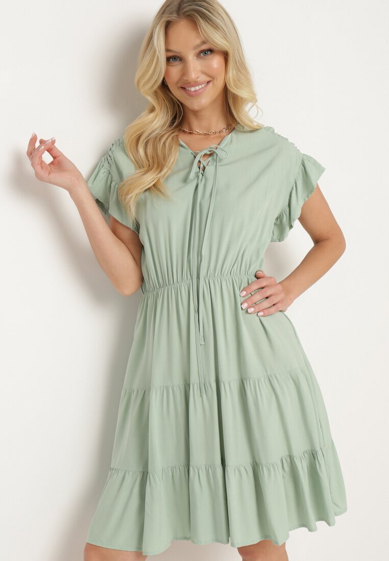 lf women Rochie Mentă cu Elastic în Talie Decorată cu Volan și Legată cu Centură din Material Tiamalou