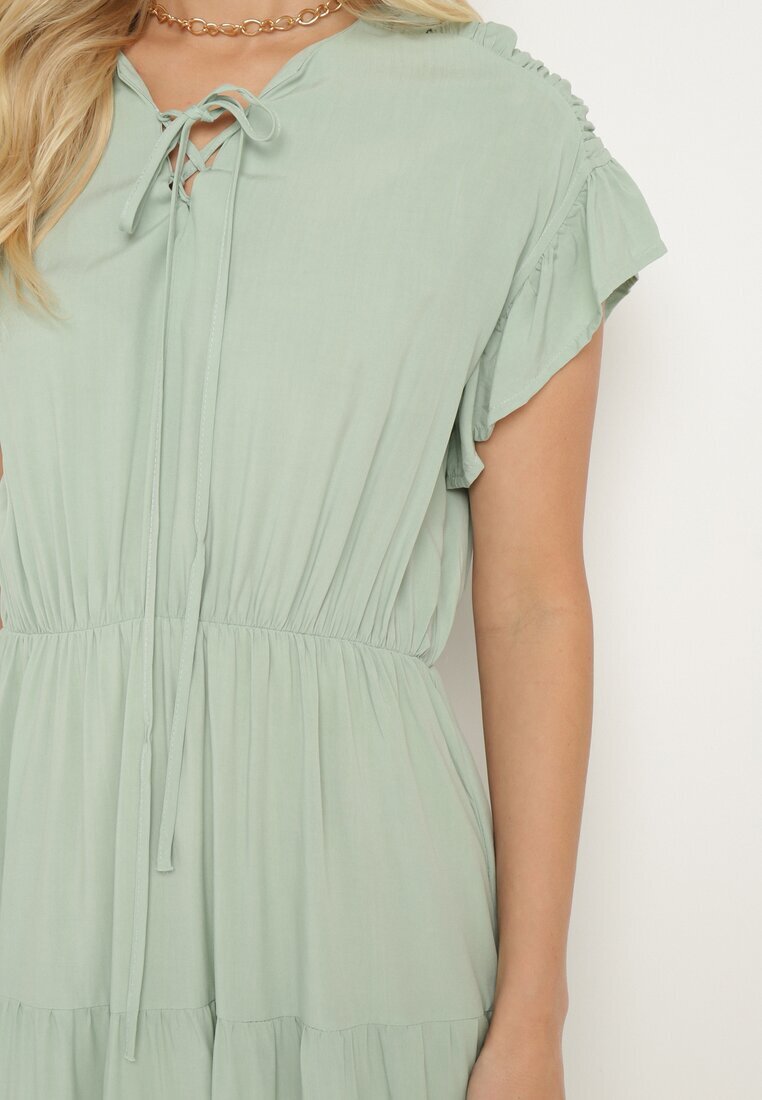 lf women Rochie Mentă cu Elastic în Talie Decorată cu Volan și Legată cu Centură din Material Tiamalou