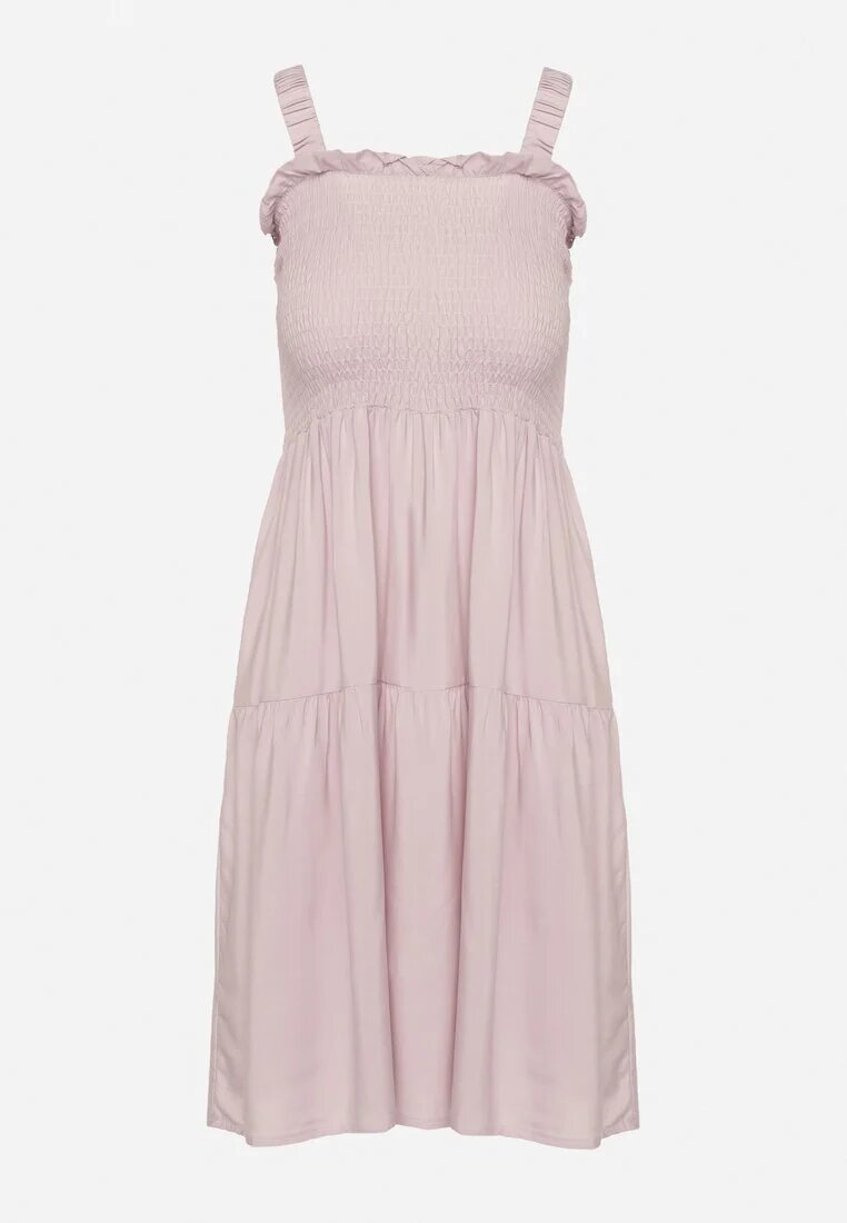 lf women Rochie Roz închis cu bretele cu elastic în talie și volane Tiamaree