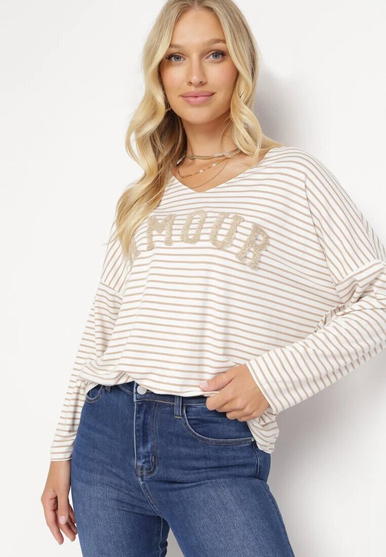 lily rose Bluză Bej Oversize cu Dungi cu un Text Decorativ Vicca