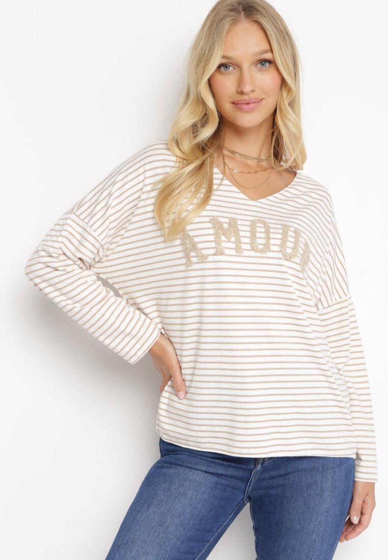 lily rose Bluză Bej Oversize cu Dungi cu un Text Decorativ Vicca