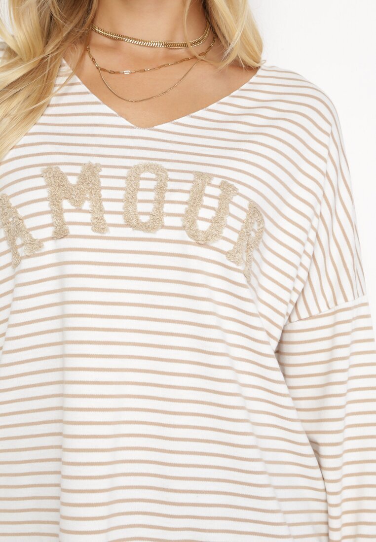 lily rose Bluză Bej Oversize cu Dungi cu un Text Decorativ Vicca