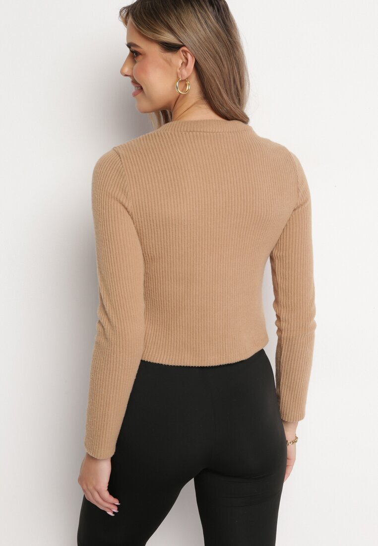 lily rose Bluză Pulover Bejă din Tricot Reiat cu Nasturi Decorativi la Umeri Anupoma