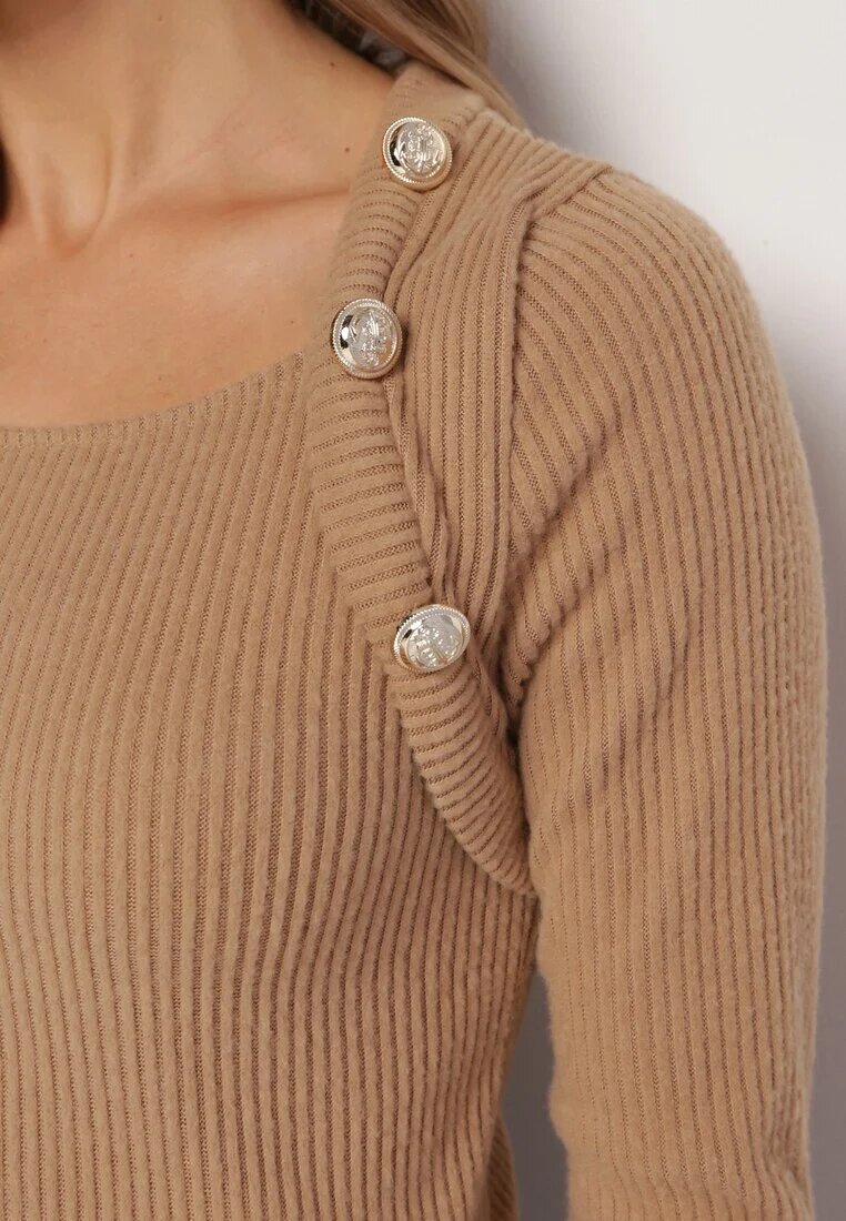 lily rose Bluză Pulover Bejă din Tricot Reiat cu Nasturi Decorativi la Umeri Anupoma