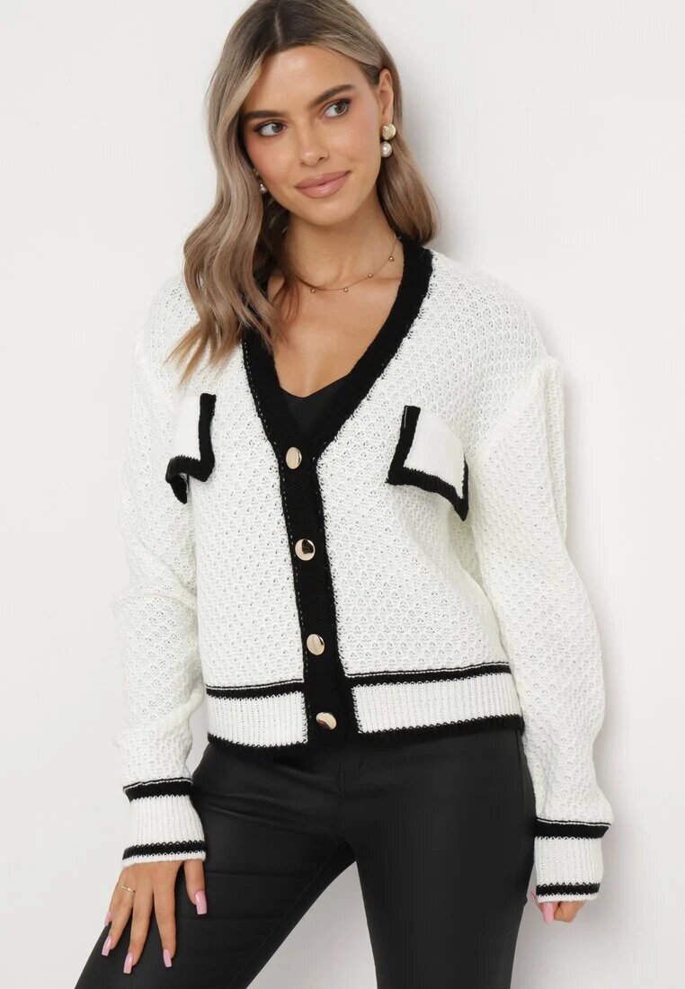 lily rose Cardigan Alb Tricotat cu nasturi cu tiv contrastant Lewjana