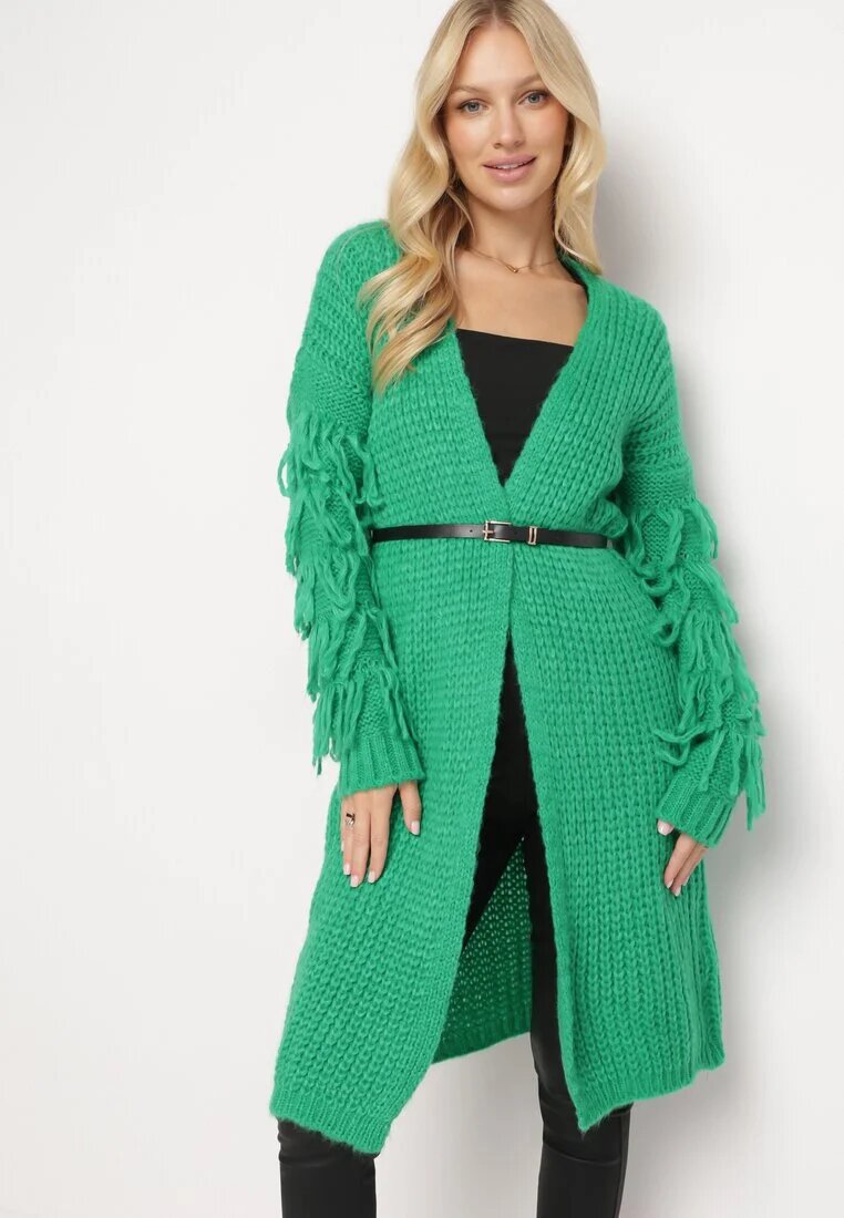 lily rose Cardigan Lung Verde deschis cu Franjuri și curea Hanessa