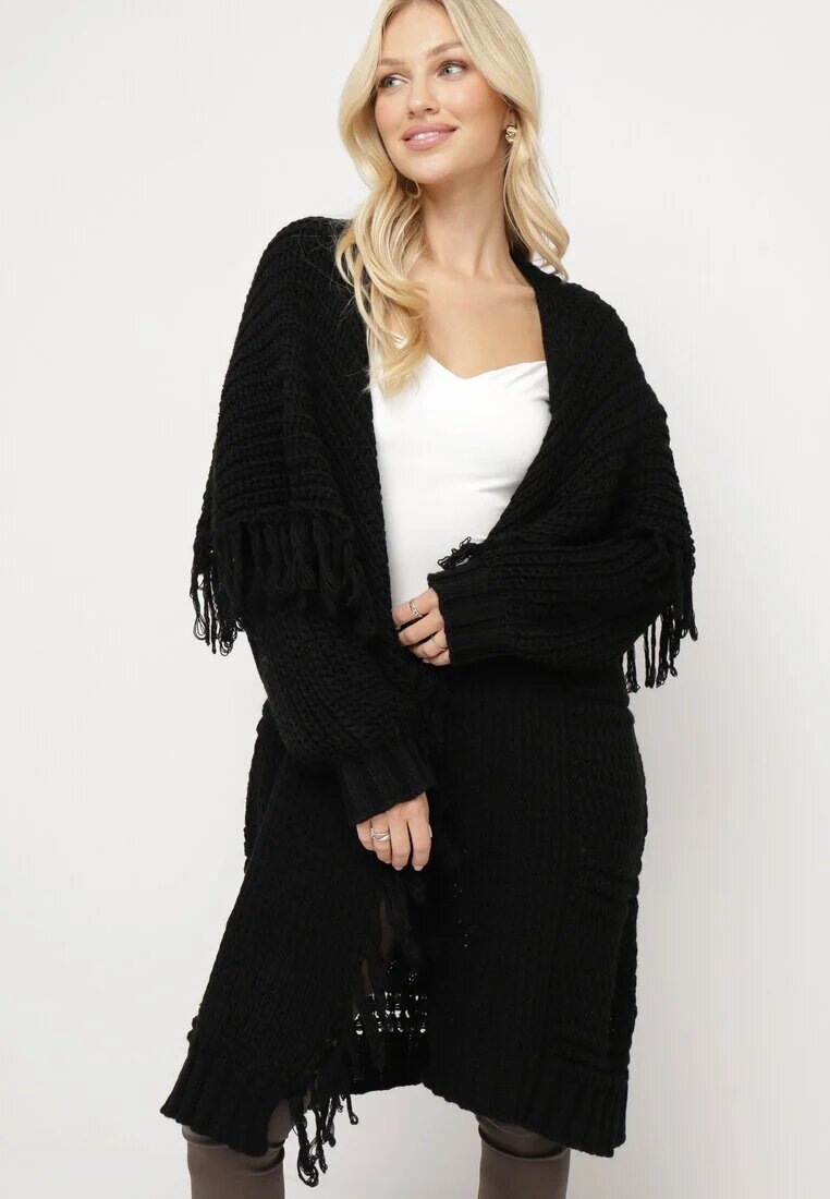 lily rose Cardigan Negru Lung Decorat cu Franjuri Elentia