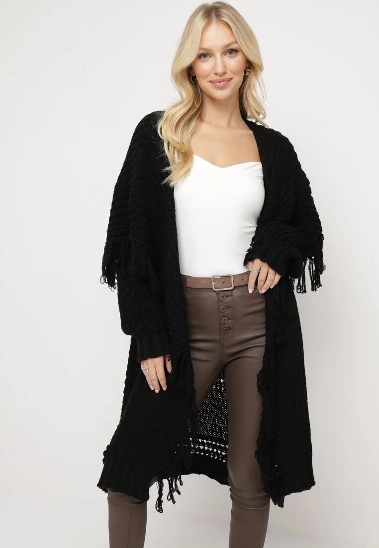 lily rose Cardigan Negru Lung Decorat cu Franjuri Elentia