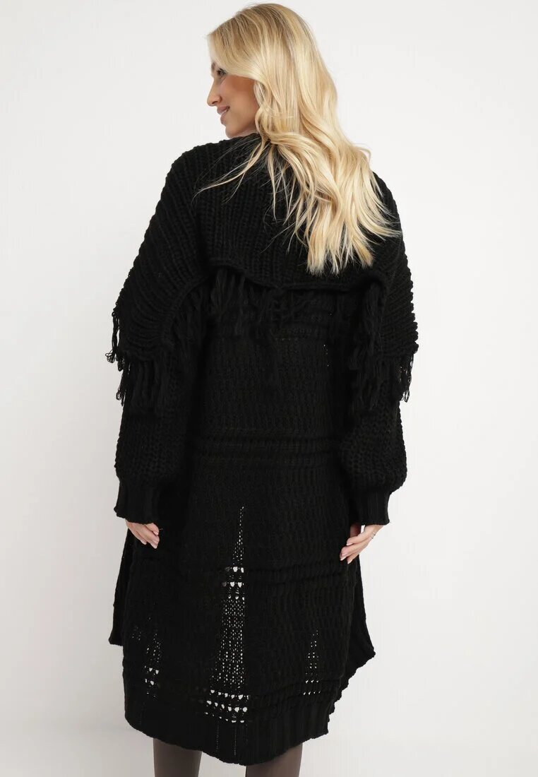 lily rose Cardigan Negru Lung Decorat cu Franjuri Elentia