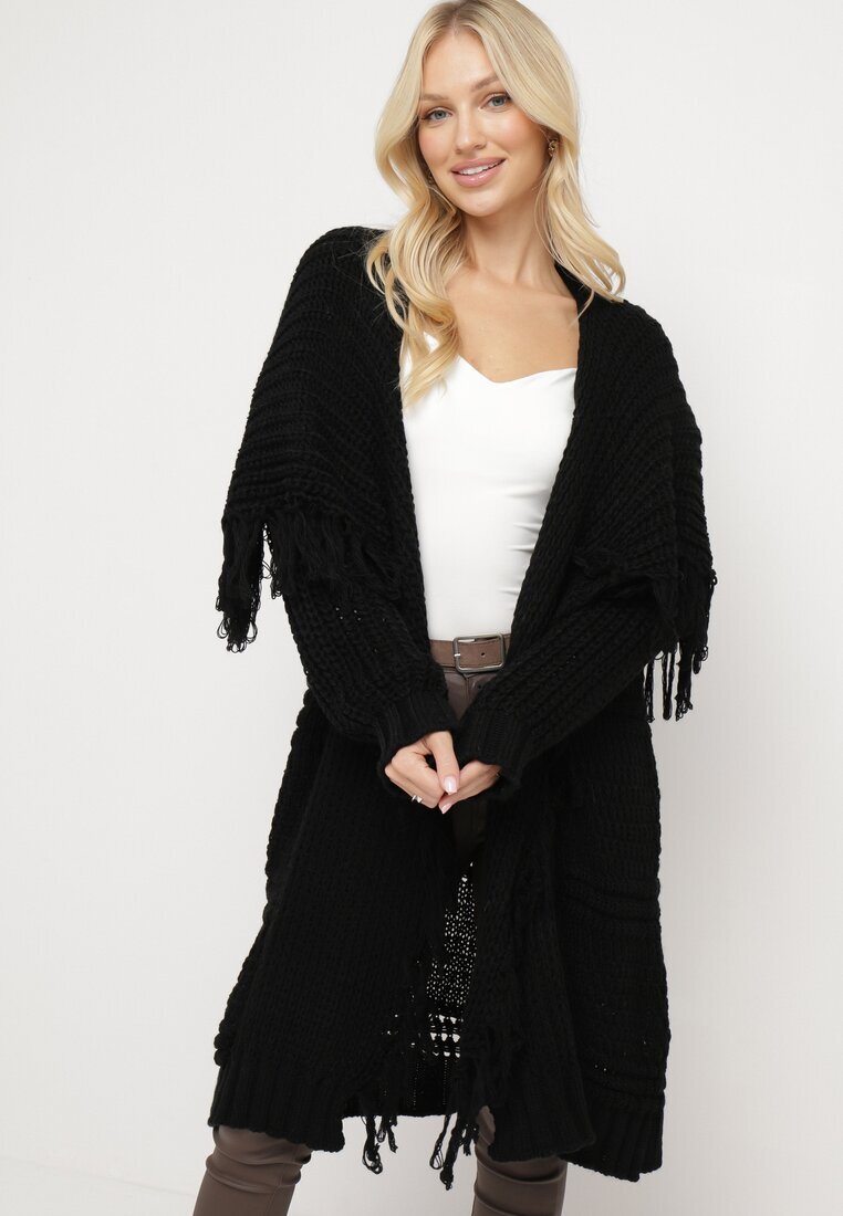lily rose Cardigan Negru Lung Decorat cu Franjuri Elentia