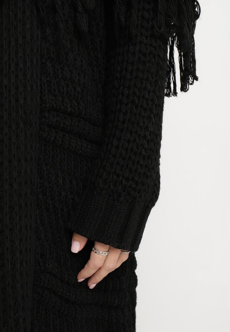 lily rose Cardigan Negru Lung Decorat cu Franjuri Elentia