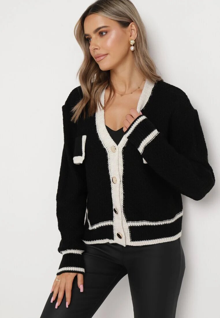 lily rose Cardigan Negru Tricotat cu nasturi cu bordură contrastantă Lewjana