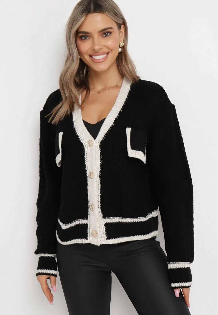 lily rose Cardigan Negru Tricotat cu nasturi cu bordură contrastantă Lewjana