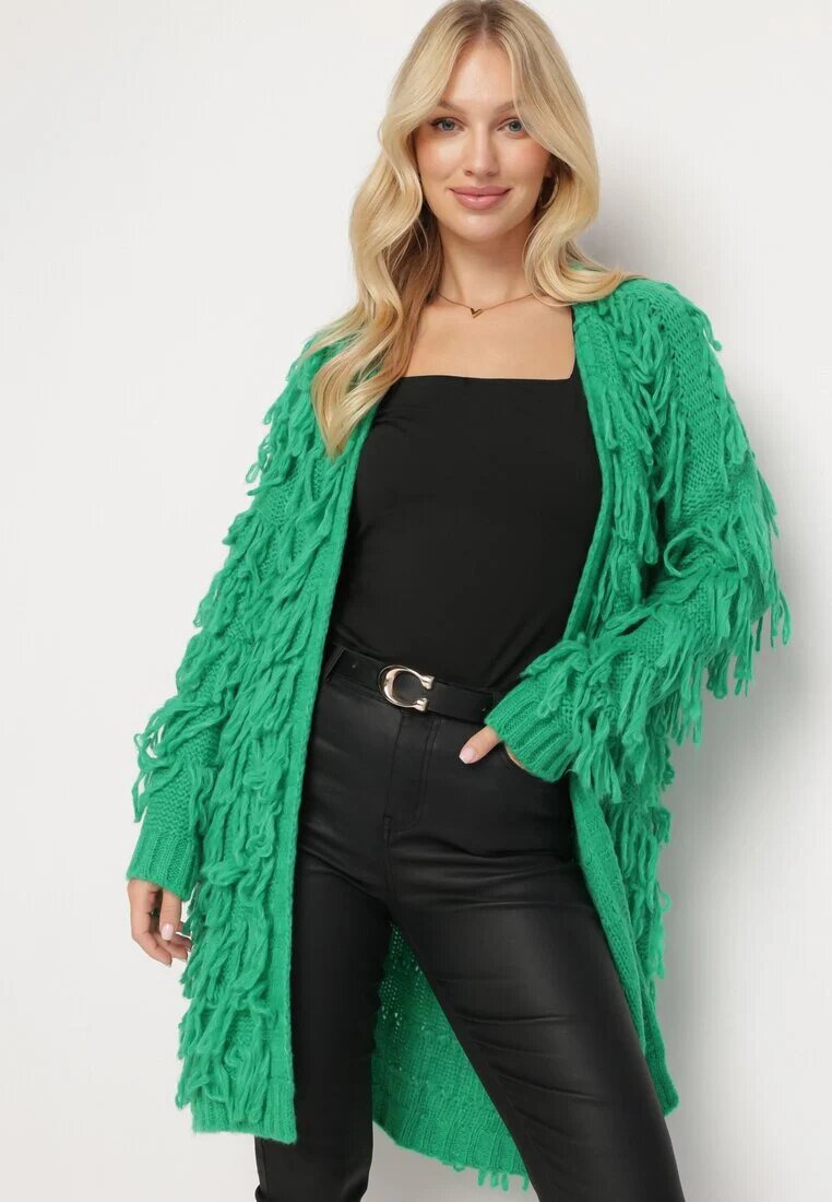 lily rose Cardigan Verde Lejer Deschis cu Franjuri Decorativi Tadesse