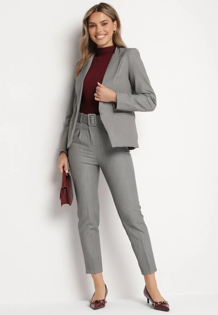 lily rose Pantaloni Gri De Costum Cu Viscoză Decorați Cu O Curea Lată Atteriana