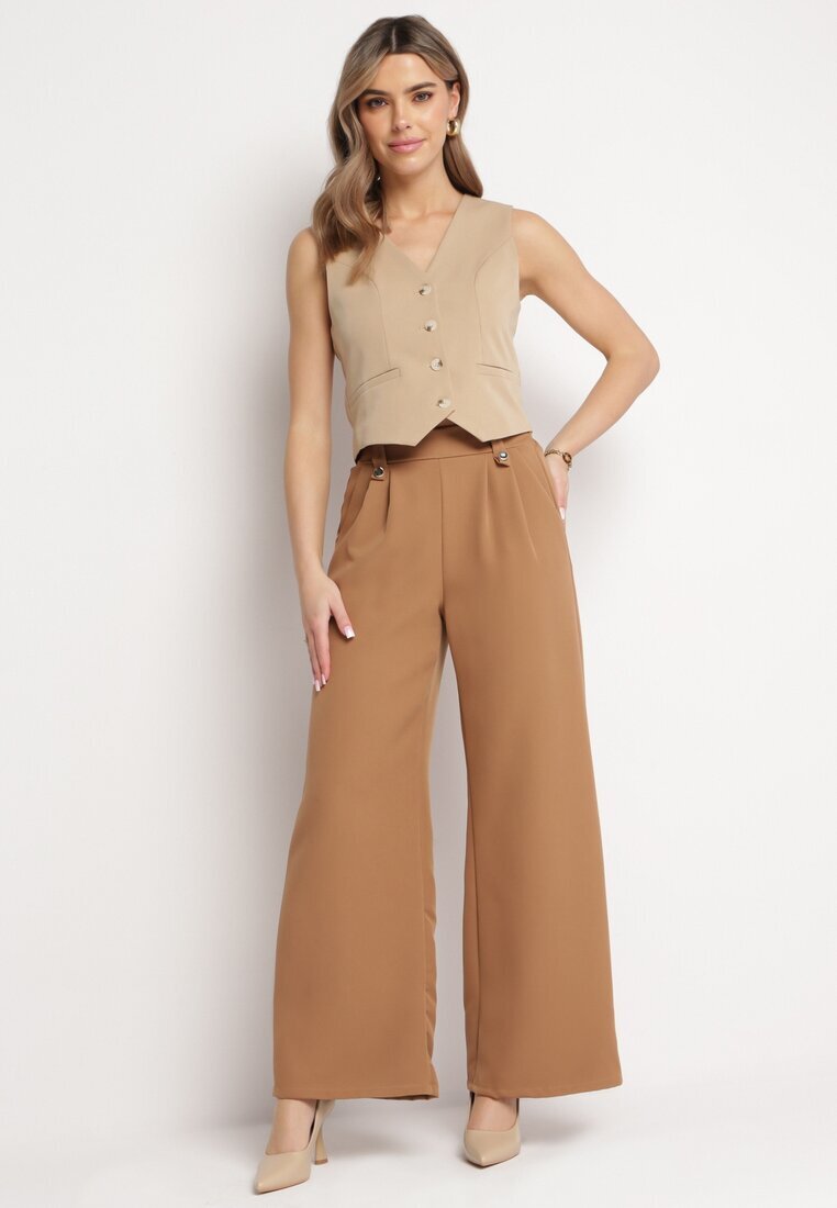 lily rose Pantaloni maro evazați largi cu pliuri decorative în talie Narimes