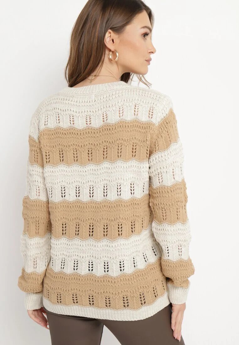 lily rose Pulover Bej din Tricot Ajurat cu Dungi Late cu Fir Metalizat Cassaphne