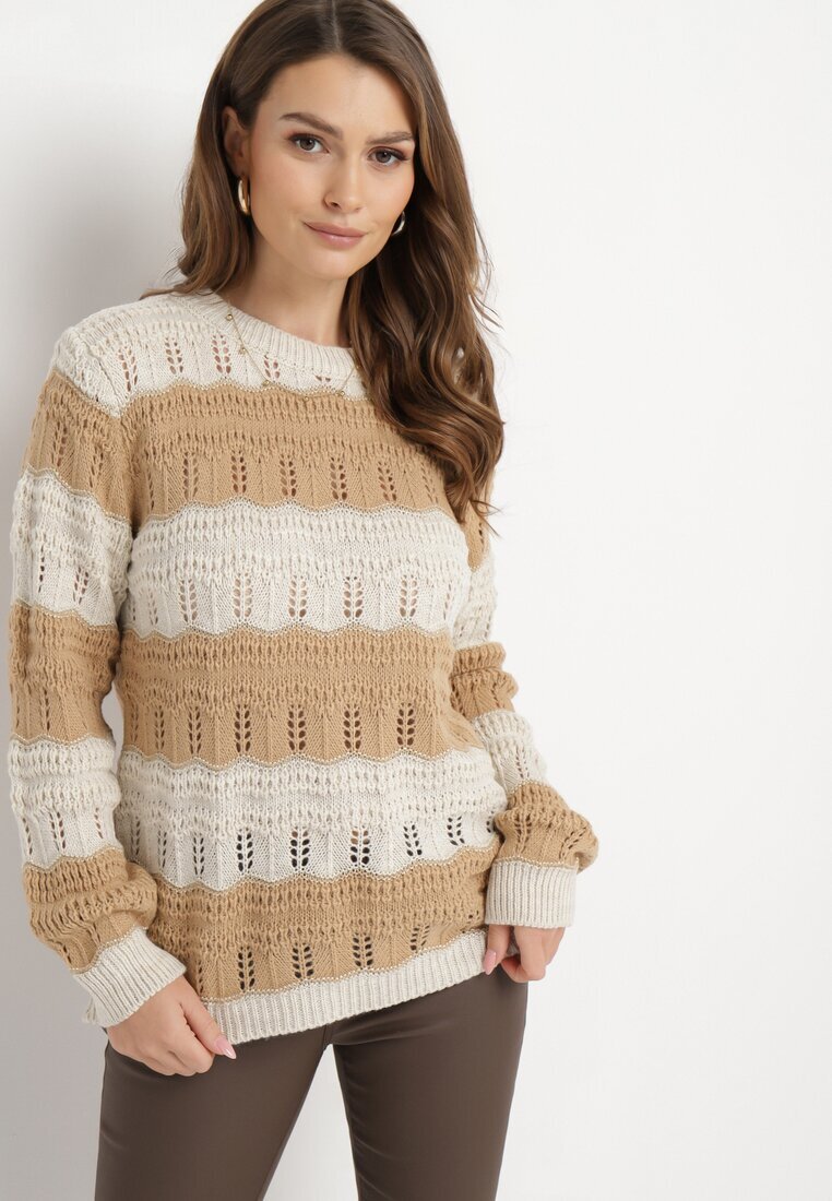 lily rose Pulover Bej din Tricot Ajurat cu Dungi Late cu Fir Metalizat Cassaphne