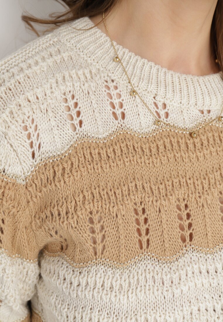 lily rose Pulover Bej din Tricot Ajurat cu Dungi Late cu Fir Metalizat Cassaphne