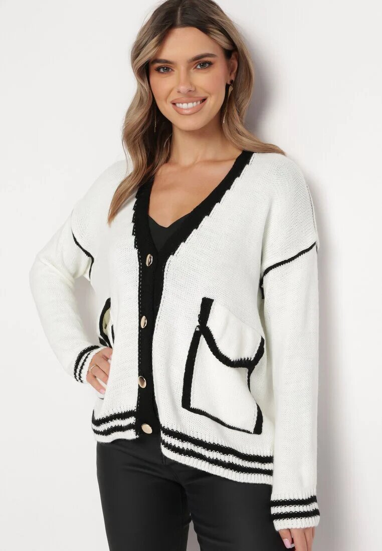 lily rose Pulover Cardigan Alb Decorat cu Margini Contrastante Sunje