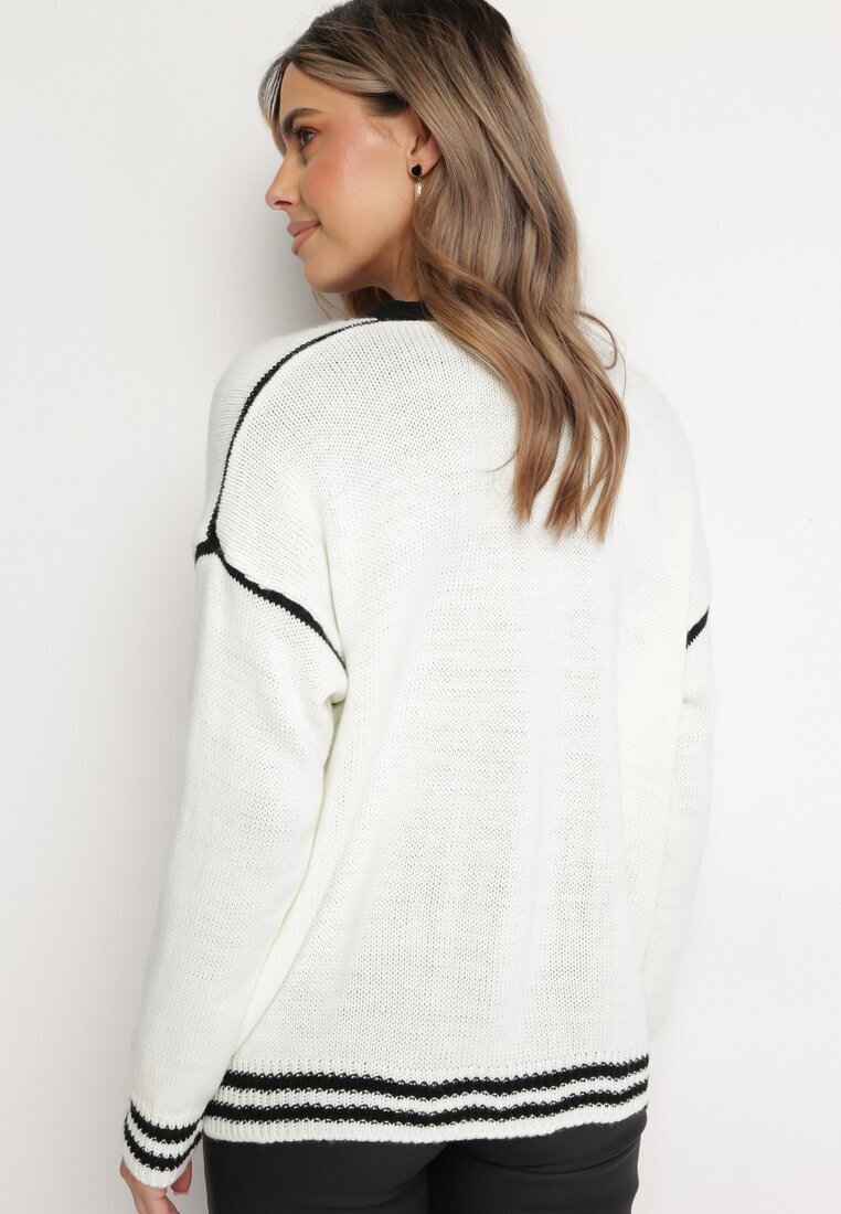 lily rose Pulover Cardigan Alb Decorat cu Margini Contrastante Sunje